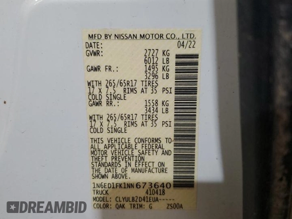 2022 Nissan Frontier SV with VIN 1N6ED1FK1NN673640, listed as a Copart auction lot 67550184 with 0 mi miles and Salvage Title. Bid and sale history available at carsss.com. Image 12.