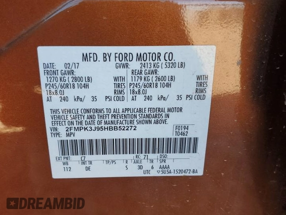 2017 Ford Edge SEL with VIN 2FMPK3J95HBB52272, listed as a Copart auction lot 87765395 with 119,858 mi miles and Salvage Title. Bid and sale history available at carsss.com. Image 12.