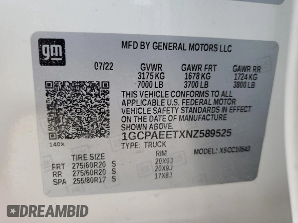 2022 Chevrolet Silverado 1500 with VIN 1GCPAEETXNZ589525, listed as a Copart auction lot 54070285 with 26,791 mi miles and Salvage Title. Bid and sale history available at DreamBid. Image 12.