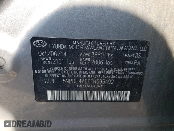 2015 Hyundai Elantra SE with VIN 5NPDH4AE6FH595492, listed as a Copart auction lot 52927155 with 102,179 mi miles and Salvage Title. Bid and sale history available at carsss.com. Image 12.