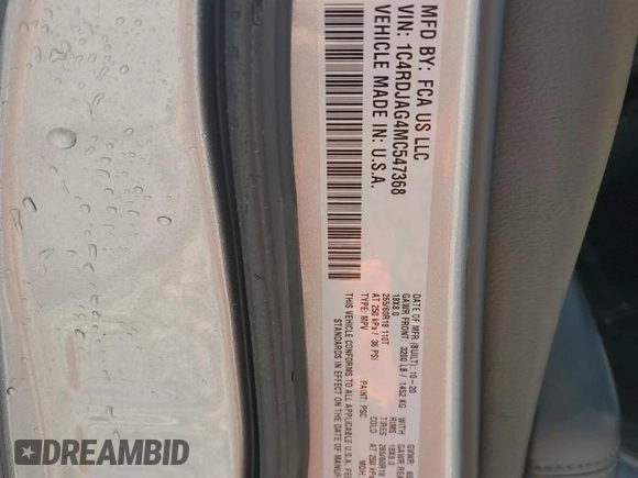 2021 Dodge Durango SXT Plus with VIN 1C4RDJAG4MC547368, listed as a Copart auction lot 56048145 with Not provided miles and Clean title. Bid and sale history available at DreamBid. Image 13.