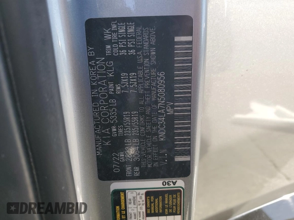 2022 Kia EV6 Wind with VIN KNDC34LA7N5080956, listed as a Copart auction lot 67970294 with 0 mi miles and Salvage Title. Bid and sale history available at carsss.com. Image 14.