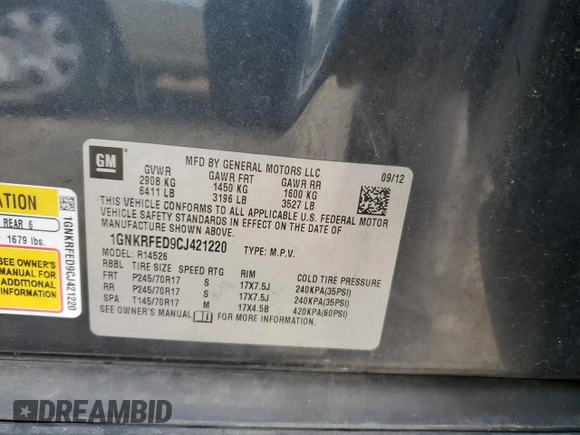 2012 Chevrolet Traverse LS with VIN 1GNKRFED9CJ421220, listed as a Copart auction lot 52912825 with 113,567 mi miles and Clean Title. Bid and sale history available at DreamBid. Image 12.
