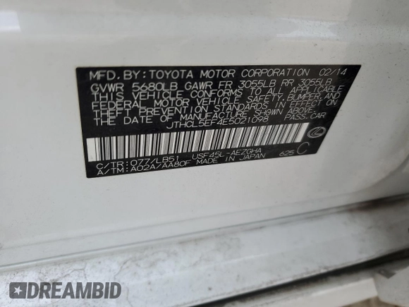 2014 Lexus LS 460 with VIN JTHCL5EF4E5021098, listed as a Copart auction lot 41411565 with 134,513 mi miles and Salvage title. Bid and sale history available at DreamBid. Image 14.