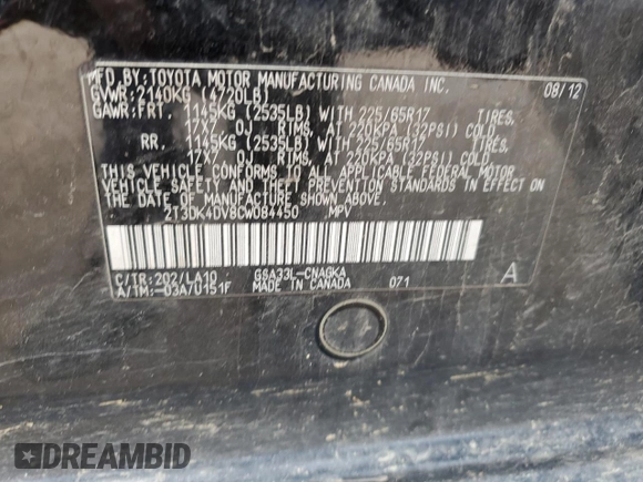 2012 Toyota RAV4 Limited с VIN 2T3DK4DV8CW084450, выставлен на аукционе Copart как лот 60260195 с пробегом 165 430 миль миль и Списание • Salvage title. История ставок и продаж доступна на DreamBid. Изображение 12.