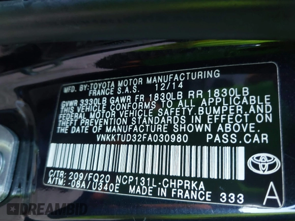 2015 Toyota Yaris L with VIN VNKKTUD32FA030980, listed as a IAAI auction lot 41655132 with 106,826 mi miles and . Bid and sale history available at carsss.com. Image 9.