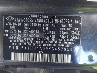 2019 Kia Sorento EX V6 with VIN 5XYPH4A59KG457959, listed as a IAAI auction lot 41712748 with 56,958 mi miles. Bid and sale history available at carsss.com. Image 9.