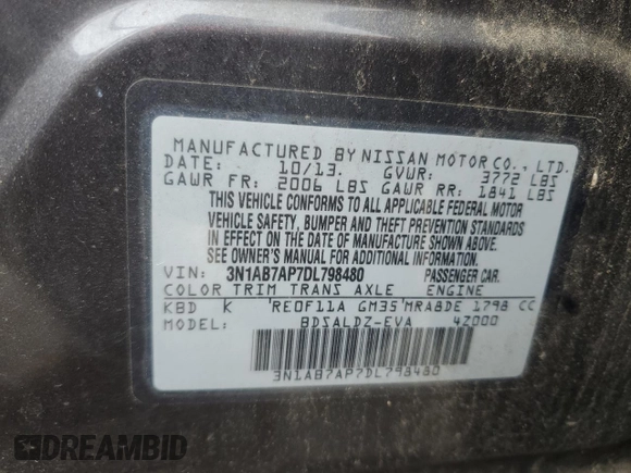 2013 Nissan Sentra SR z VIN 3N1AB7AP7DL798480, wystawiony jako Copart lot #58340005 z przebiegiem 89 857 mil mil oraz Szkoda całkowita • Salvage title. Historia ofert i sprzedaży dostępna na DreamBid. Obrazek 13.