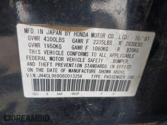 2008 Acura TSX Nav with VIN JH4CL96908C013256, listed as a IAAI auction lot 42128071 with 187,881 mi miles and . Bid and sale history available at DreamBid. Image 9.