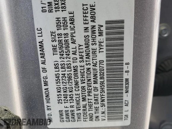 2020 Honda Pilot EX-L with VIN 5FNYF5H59LB020770, listed as a Copart auction lot 51769405 with 38,063 mi miles and Salvage Title. Bid and sale history available at carsss.com. Image 13.