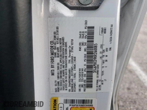 2019 Ford Fusion SEL with VIN 3FA6P0CD9KR260085, listed as a Copart auction lot 77537144 with 97,628 mi miles and Clean Title. Bid and sale history available at carsss.com. Image 12.