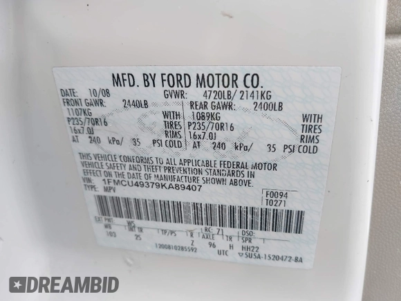 2009 Ford Escape Hybrid with VIN 1FMCU49379KA89407, listed as a IAAI auction lot 41692553 with 172,637 mi miles. Bid and sale history available at carsss.com. Image 9.