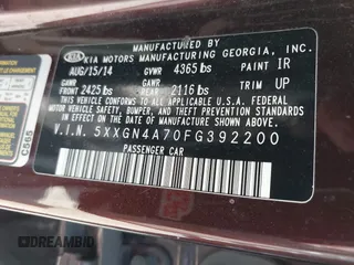 2015 Kia Optima EX with VIN 5XXGN4A70FG392200, listed as a IAAI auction lot 41922894 with 237,454 mi miles. Bid and sale history available at carsss.com. Image 9.