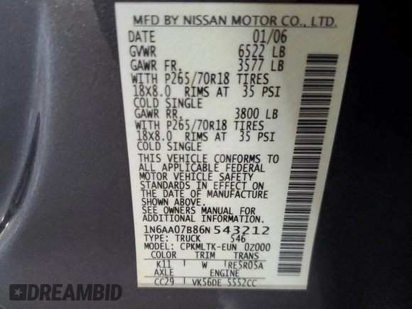 2006 Nissan Titan SE with VIN 1N6AA07B86N543212, listed as a Copart auction lot 45380035 with 186,431 mi miles and Salvage title. Bid and sale history available at DreamBid. Image 13.