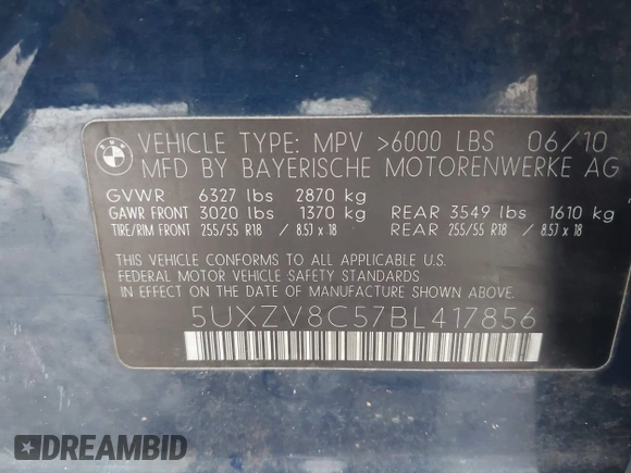 2011 BMW X5 50i with VIN 5UXZV8C57BL417856, listed as a IAAI auction lot 42478859 with 111,243 mi miles and . Bid and sale history available at DreamBid. Image 9.