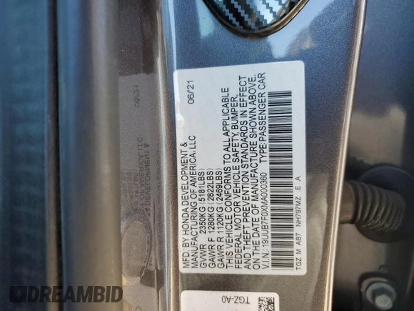 2021 Acura TLX Type S with VIN 19UUB7F0XMA000360, listed as a Copart auction lot 86607934 with 35,485 mi miles and Salvage Title. Bid and sale history available at carsss.com. Image 12.