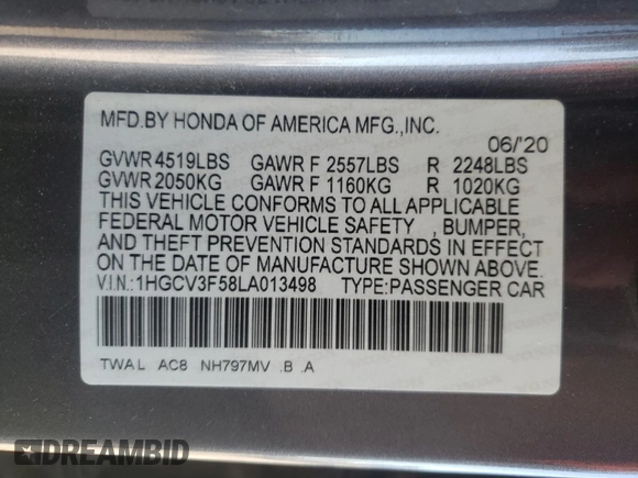 2020 Honda Accord EX-L с VIN 1HGCV3F58LA013498, выставлен на аукционе Copart как лот 45111855 с пробегом 80 957 миль миль и Чистый • Clean title. История ставок и продаж доступна на DreamBid. Изображение 12.