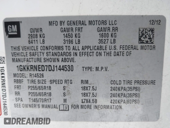 2013 GMC Acadia SLE with VIN 1GKKRNED7DJ144530, listed as a IAAI auction lot 41298877 with 197,787 mi miles. Bid and sale history available at carsss.com. Image 9.