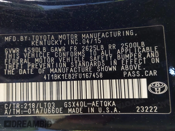 2015 Toyota Avalon Limited with VIN 4T1BK1EB2FU167458, listed as a IAAI auction lot 41987423 with Not Provided miles and . Bid and sale history available at DreamBid. Image 9.