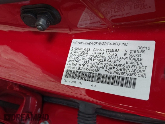 2019 Acura TLX with VIN 19UUB2F37KA005185, listed as a IAAI auction lot 42149495 with 53,345 mi miles and . Bid and sale history available at DreamBid. Image 9.