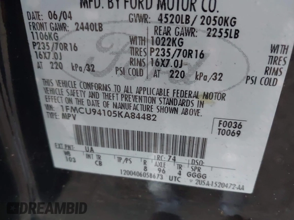 2005 Ford Escape Limited с VIN 1FMCU94105KA84482, выставлен на аукционе IAAI как лот 42364481 с пробегом 191 036 миль миль и . История ставок и продаж доступна на DreamBid. Изображение 9.