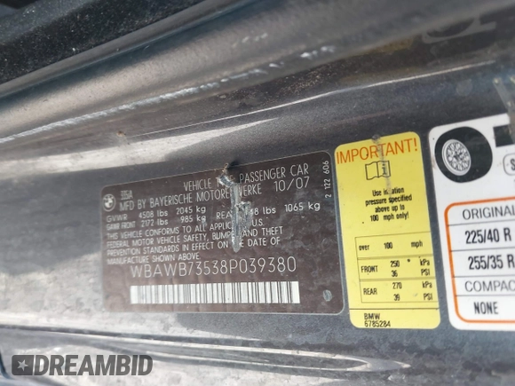 2008 BMW 3 Series 335i with VIN WBAWB73538P039380, listed as a IAAI auction lot 41708431 with 136,536 mi miles and . Bid and sale history available at DreamBid. Image 9.