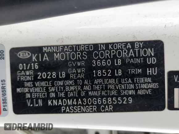 2016 Kia Rio LX with VIN KNADM4A30G6685529, listed as a Copart auction lot 53919205 with 105,536 mi miles and Clean Title. Bid and sale history available at carsss.com. Image 12.