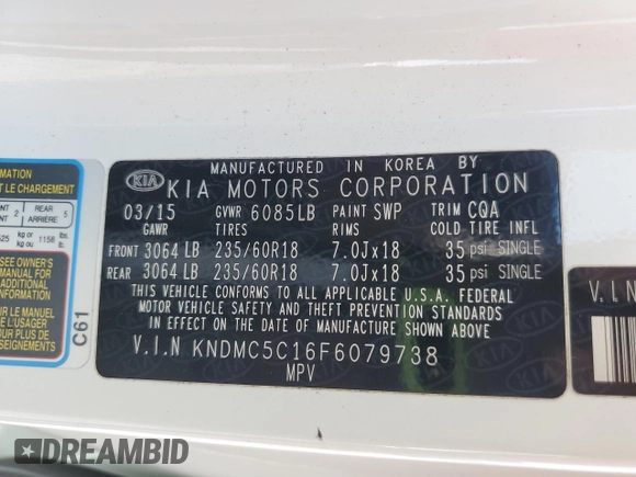 2015 Kia Sedona EX with VIN KNDMC5C16F6079738, listed as a Copart auction lot 52131095 with 149,174 mi miles and Clean Title. Bid and sale history available at DreamBid. Image 13.