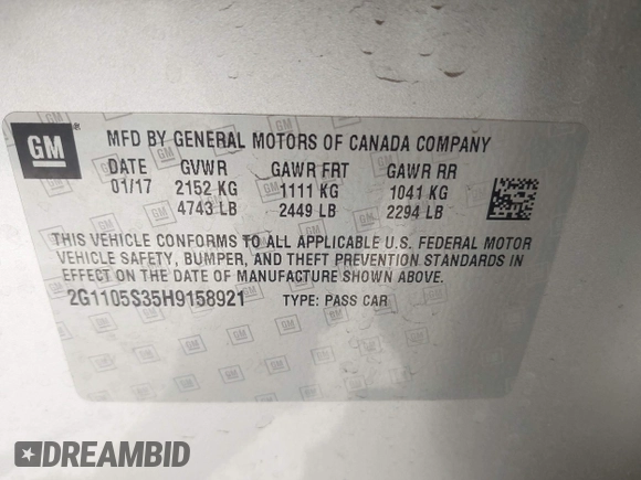 2017 Chevrolet Impala LT with VIN 2G1105S35H9158921, listed as a IAAI auction lot 41974553 with 138,955 mi miles and . Bid and sale history available at DreamBid. Image 9.