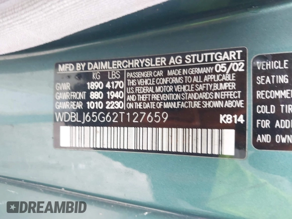 2002 Mercedes-Benz CLK 320/430 with VIN WDBLJ65G62T127659, listed as a IAAI auction lot 41298177 with 267,731 mi miles and . Bid and sale history available at DreamBid. Image 9.