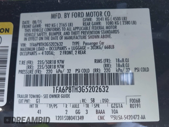 2016 Ford Mustang EcoBoost with VIN 1FA6P8TH3G5202632, listed as a IAAI auction lot 41800635 with 60,682 mi miles and . Bid and sale history available at DreamBid. Image 9.