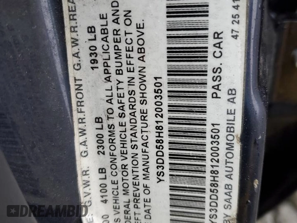 2001 Saab 9-3 with VIN YS3DD58H812003501, listed as a Copart auction lot 51526175 with 162,220 mi miles and Salvage Title. Bid and sale history available at carsss.com. Image 13.