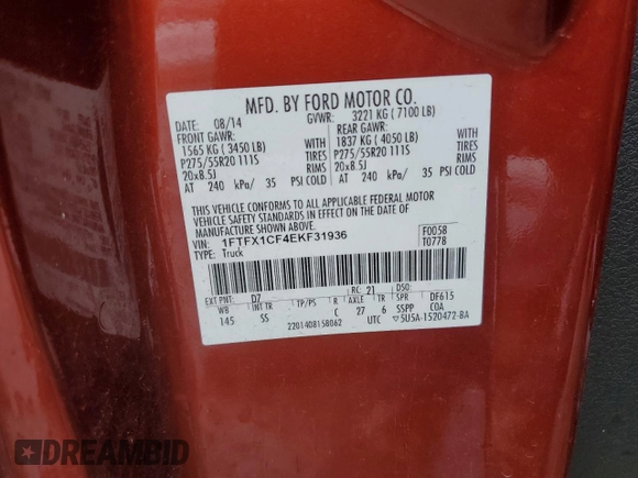 2014 Ford F-150 XL with VIN 1FTFX1CF4EKF31936, listed as a Copart auction lot 46917435 with 144,012 mi miles and Salvage Title. Bid and sale history available at carsss.com. Image 14.