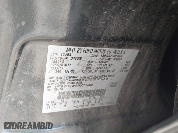 2004 Ford F-150 XLT z VIN 1FTRW12W44KC01682, wystawiony jako IAAI lot #42649058 z przebiegiem Nie podano mil oraz . Historia ofert i sprzedaży dostępna na DreamBid. Obrazek 9.