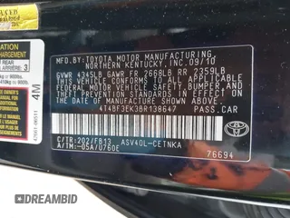 2011 Toyota Camry LE with VIN 4T4BF3EK3BR138647, listed as a IAAI auction lot 41992906 with 186,346 mi miles. Bid and sale history available at carsss.com. Image 9.
