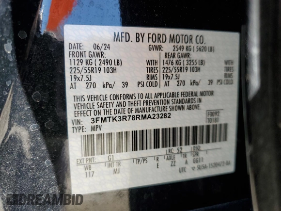 2024 Ford Mustang Mach-E Premium z VIN 3FMTK3R78RMA23282, wystawiony jako Copart lot #47242535 z przebiegiem Nie podano mil oraz Szkoda całkowita • Salvage title. Historia ofert i sprzedaży dostępna na DreamBid. Obrazek 13.