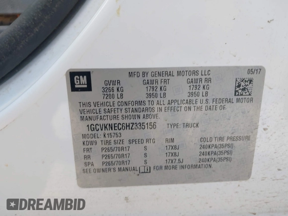 2017 Chevrolet Silverado 1500 Work Truck with VIN 1GCVKNEC6HZ335156, listed as a IAAI auction lot 41169972 with 197,944 mi miles. Bid and sale history available at carsss.com. Image 9.