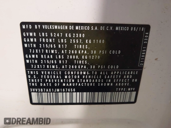 2018 Volkswagen Tiguan SEL z VIN 3VV3B7AX1JM167656, wystawiony jako IAAI lot #42658377 z przebiegiem 74 130 mil mil oraz . Historia ofert i sprzedaży dostępna na DreamBid. Obrazek 9.