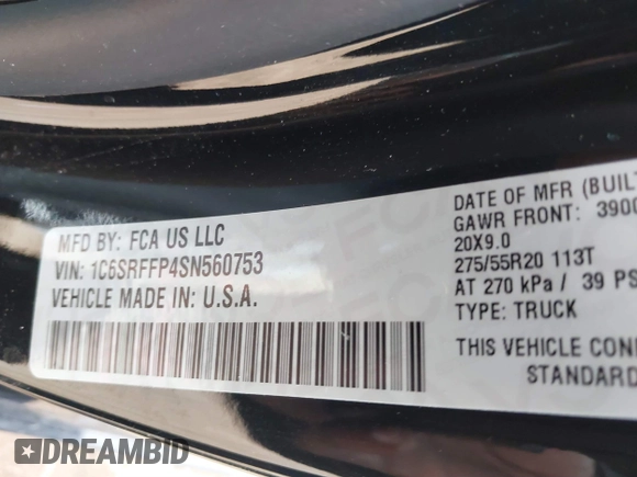 2025 Ram 1500 Big Horn with VIN 1C6SRFFP4SN560753, listed as a IAAI auction lot 41143013 with 1 mi miles. Bid and sale history available at carsss.com. Image 9.