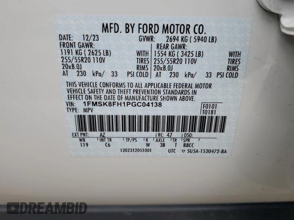 2023 Ford Explorer Limited z VIN 1FMSK8FH1PGC04138, wystawiony jako Copart lot #50731415 z przebiegiem 9 028 mil mil oraz Szkoda całkowita • Salvage title. Historia ofert i sprzedaży dostępna na DreamBid. Obrazek 13.
