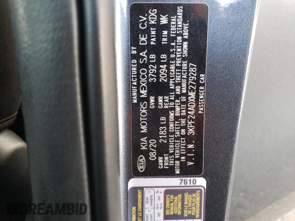 2021 Kia Forte LXS with VIN 3KPF24ADXME279287, listed as a Copart auction lot 58619325 with 83,255 mi miles and Salvage title. Bid and sale history available at DreamBid. Image 12.