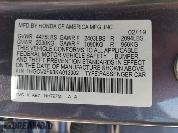 2019 Honda Accord Touring with VIN 1HGCV2F93KA013002, listed as a IAAI auction lot 42519920 with 76,841 mi miles and . Bid and sale history available at DreamBid. Image 9.