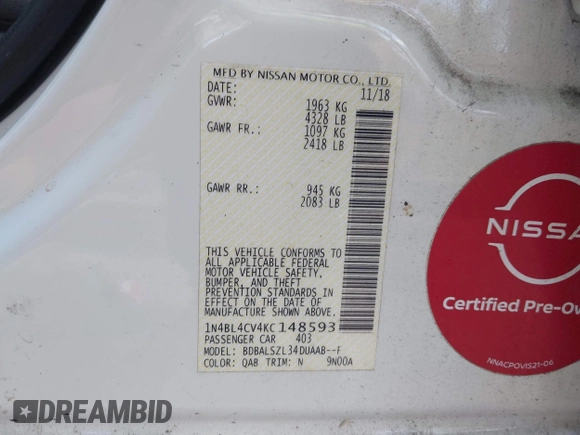 2019 Nissan Altima SR with VIN 1N4BL4CV4KC148593, listed as a IAAI auction lot 41887662 with 65,025 mi miles and . Bid and sale history available at DreamBid. Image 9.
