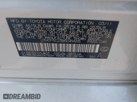 2011 Lexus IS 250 z VIN JTHCF5C23B5049655, wystawiony jako IAAI lot #42464410 z przebiegiem 167 115 mil mil oraz . Historia ofert i sprzedaży dostępna na DreamBid. Obrazek 9.