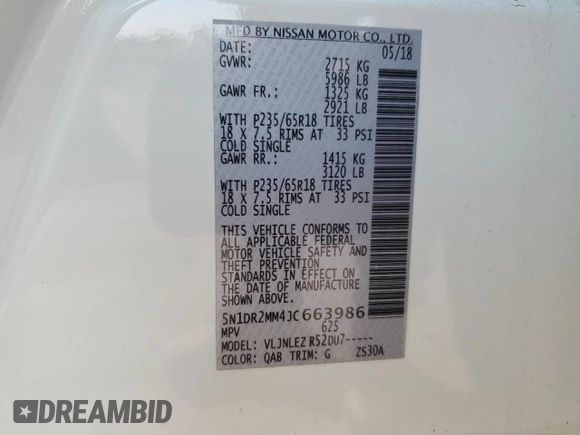 2018 Nissan Pathfinder SV with VIN 5N1DR2MM4JC663986, listed as a Copart auction lot 71615684 with 59,573 mi miles and Non repairable. Bid and sale history available at DreamBid. Image 13.