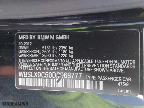 2013 BMW M6 with VIN WBSLX9C50DC968777, listed as a IAAI auction lot 41966918 with 113,458 mi miles. Bid and sale history available at carsss.com. Image 9.