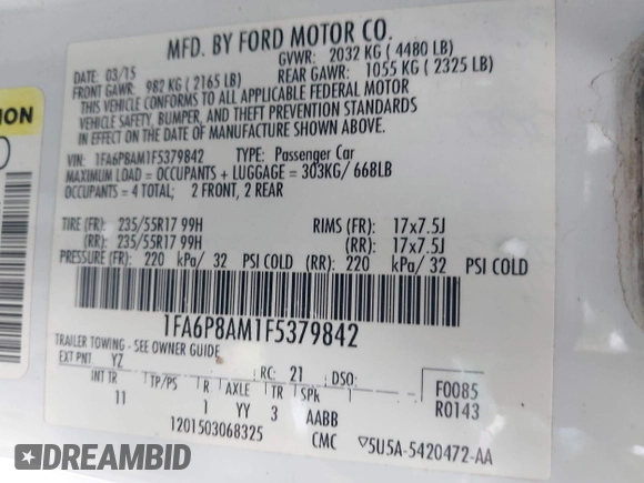 2015 Ford Mustang V6 with VIN 1FA6P8AM1F5379842, listed as a IAAI auction lot 42011496 with 213,908 mi miles and . Bid and sale history available at DreamBid. Image 9.