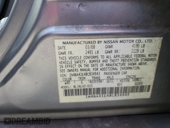 2008 Nissan Maxima 3.5 SE with VIN 1N4BA41E48C834943, listed as a Copart auction lot 77895334 with 0 mi miles and Non Repairable. Bid and sale history available at carsss.com. Image 13.