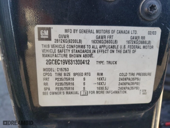 2003 Chevrolet Silverado 1500 LS with VIN 2GCEC19V631300412, listed as a Copart auction lot 77416504 with 249,043 mi miles and Salvage Title. Bid and sale history available at carsss.com. Image 15.