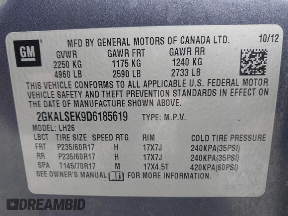 2013 GMC Terrain SLE with VIN 2GKALSEK9D6185619, listed as a IAAI auction lot 42096358 with 155,955 mi miles and . Bid and sale history available at DreamBid. Image 9.